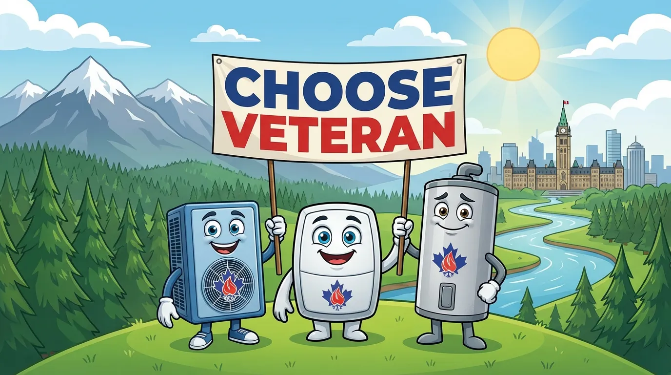 Veteran HVAC mascots holding Choose Veteran sign in BC mountains