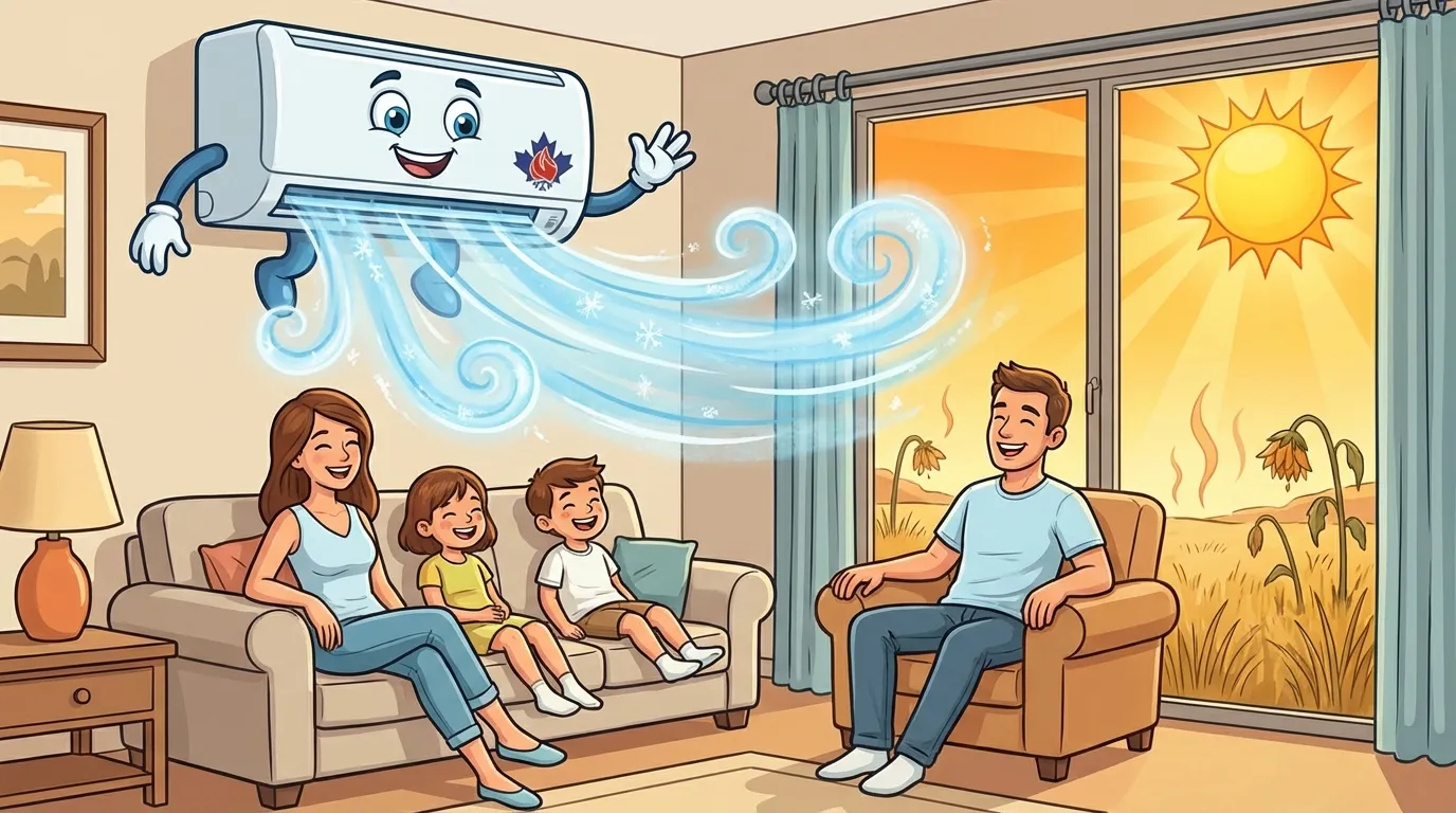 Family enjoying cool air conditioning in their Lower Mainland home during a hot BC summer