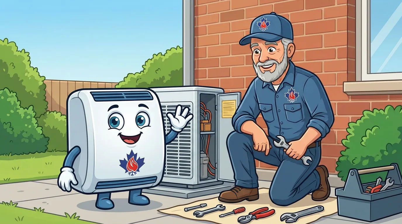 Veteran HVAC technician installing an air conditioning unit outside a BC home