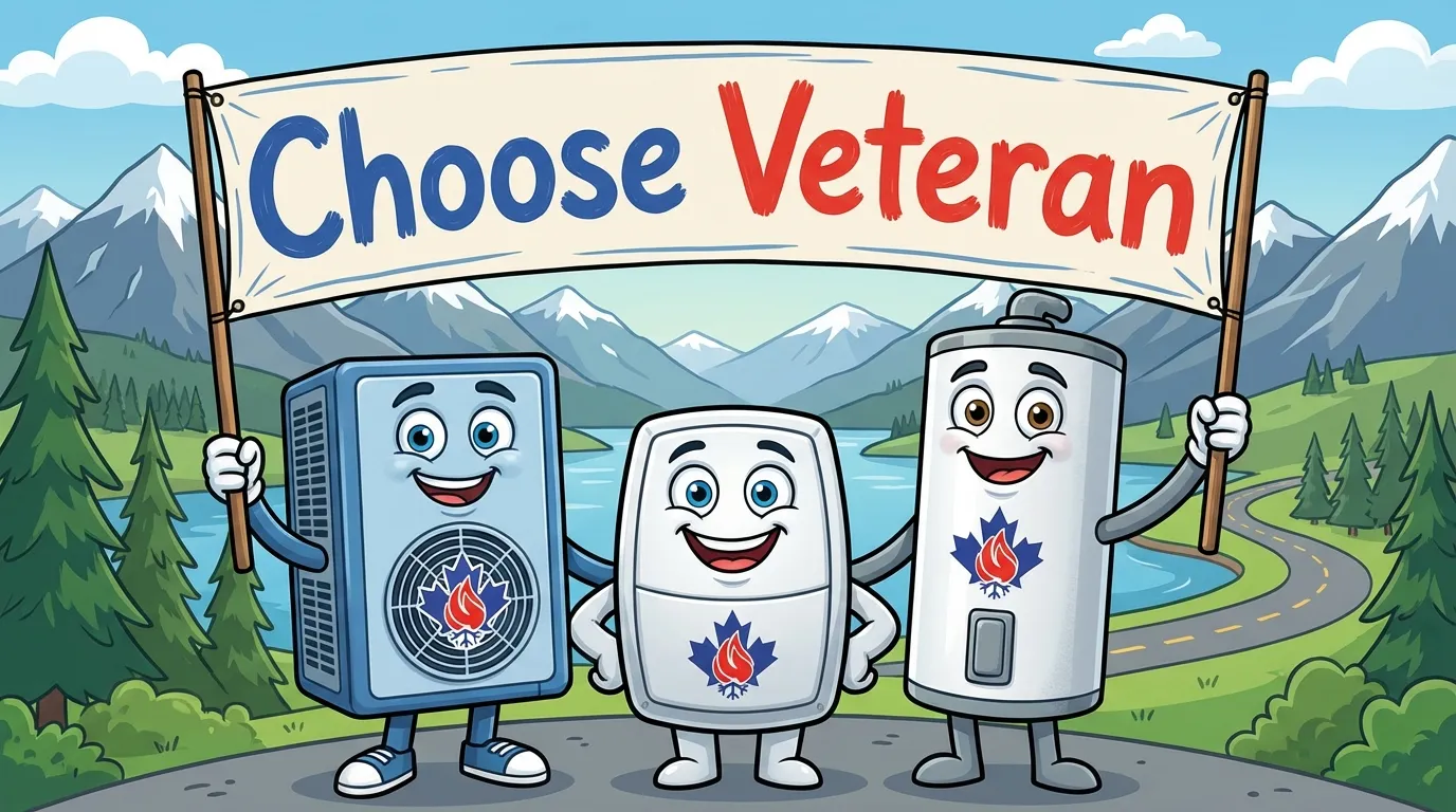 Veteran HVAC mascots holding Choose Veteran sign in BC mountains
