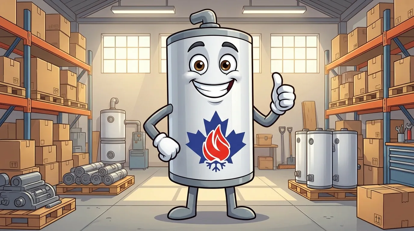 Veteran HVAC boiler mascot in a warehouse ready for installation in the Lower Mainland