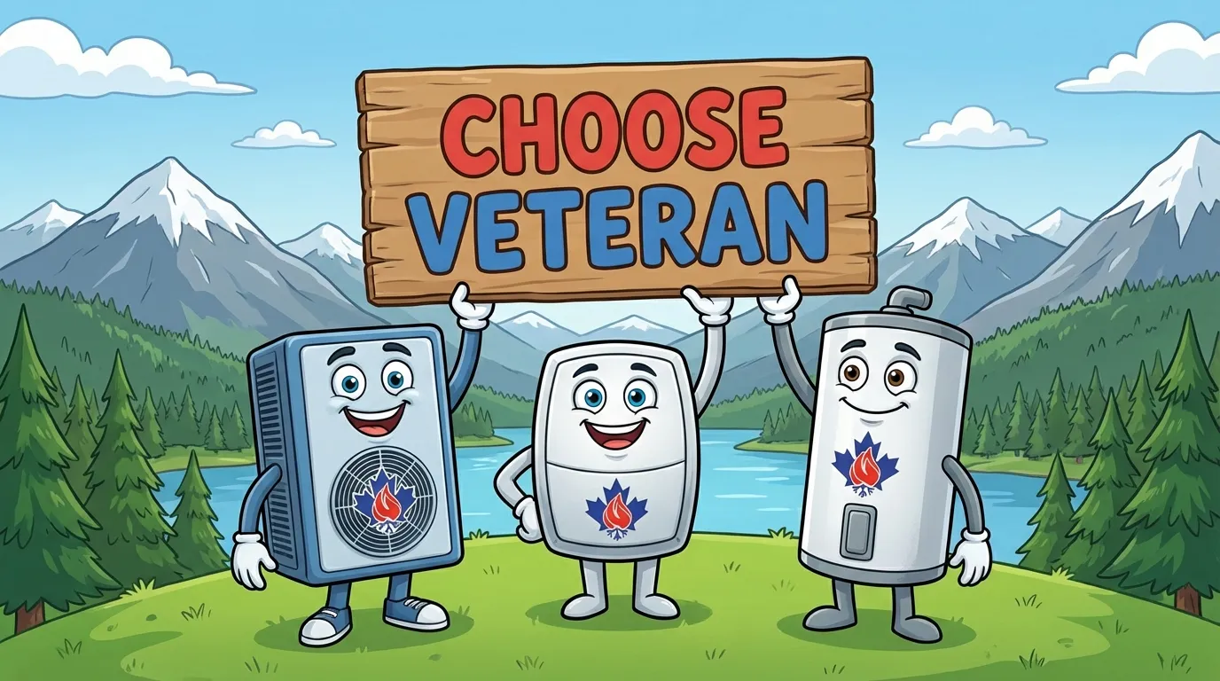 Veteran HVAC mascots holding Choose Veteran sign in BC mountains