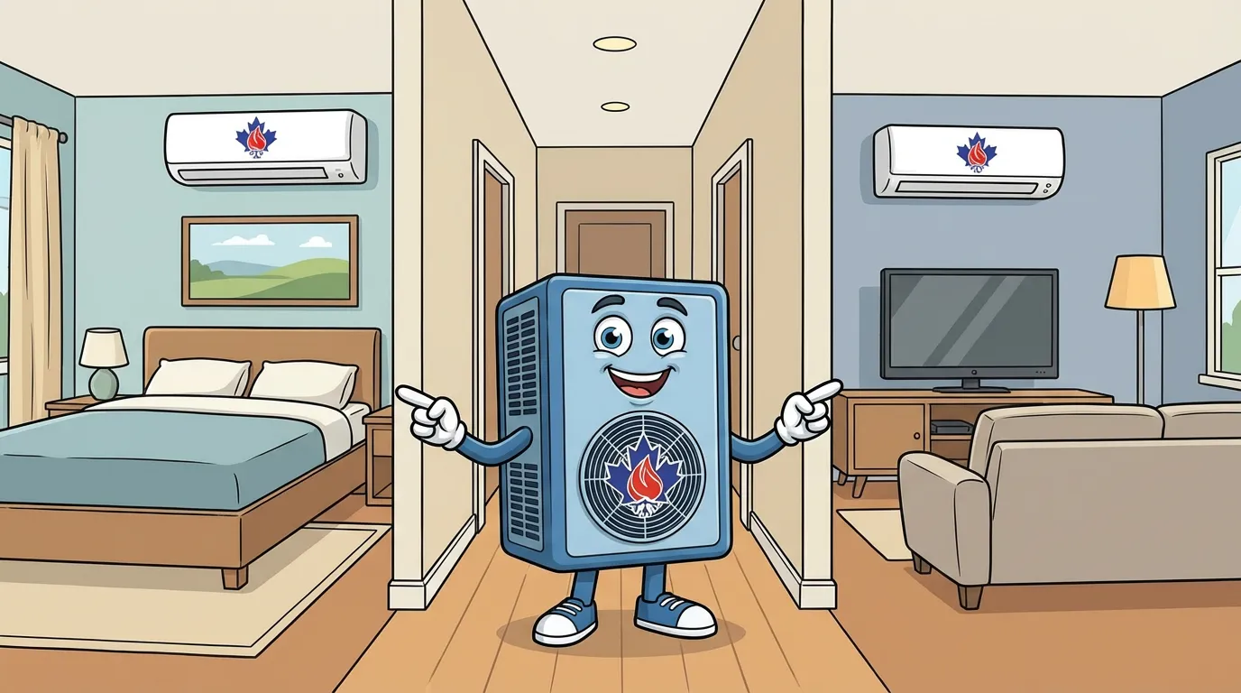 Veteran HVAC mascot showing ductless mini-split units installed in bedroom and living room