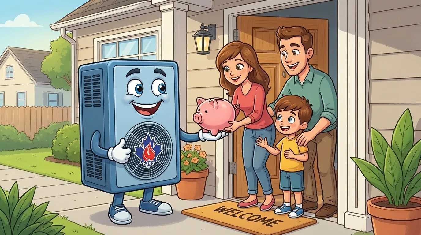 Veteran HVAC mascot offering savings with a piggy bank to a happy family at their doorstep