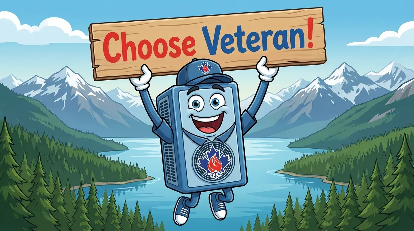Veteran HVAC mascot holding Choose Veteran sign in BC mountains