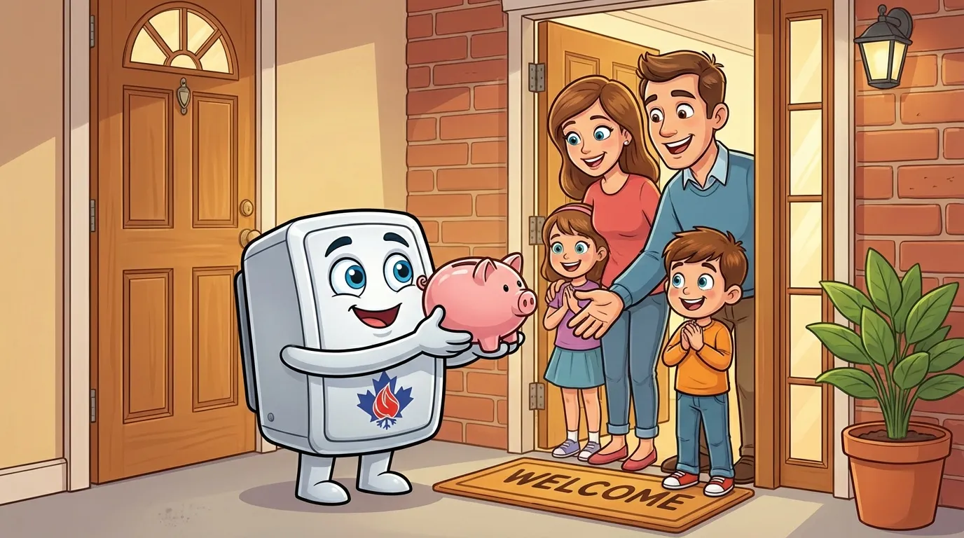Veteran HVAC mascot offering savings with a piggy bank to a happy family