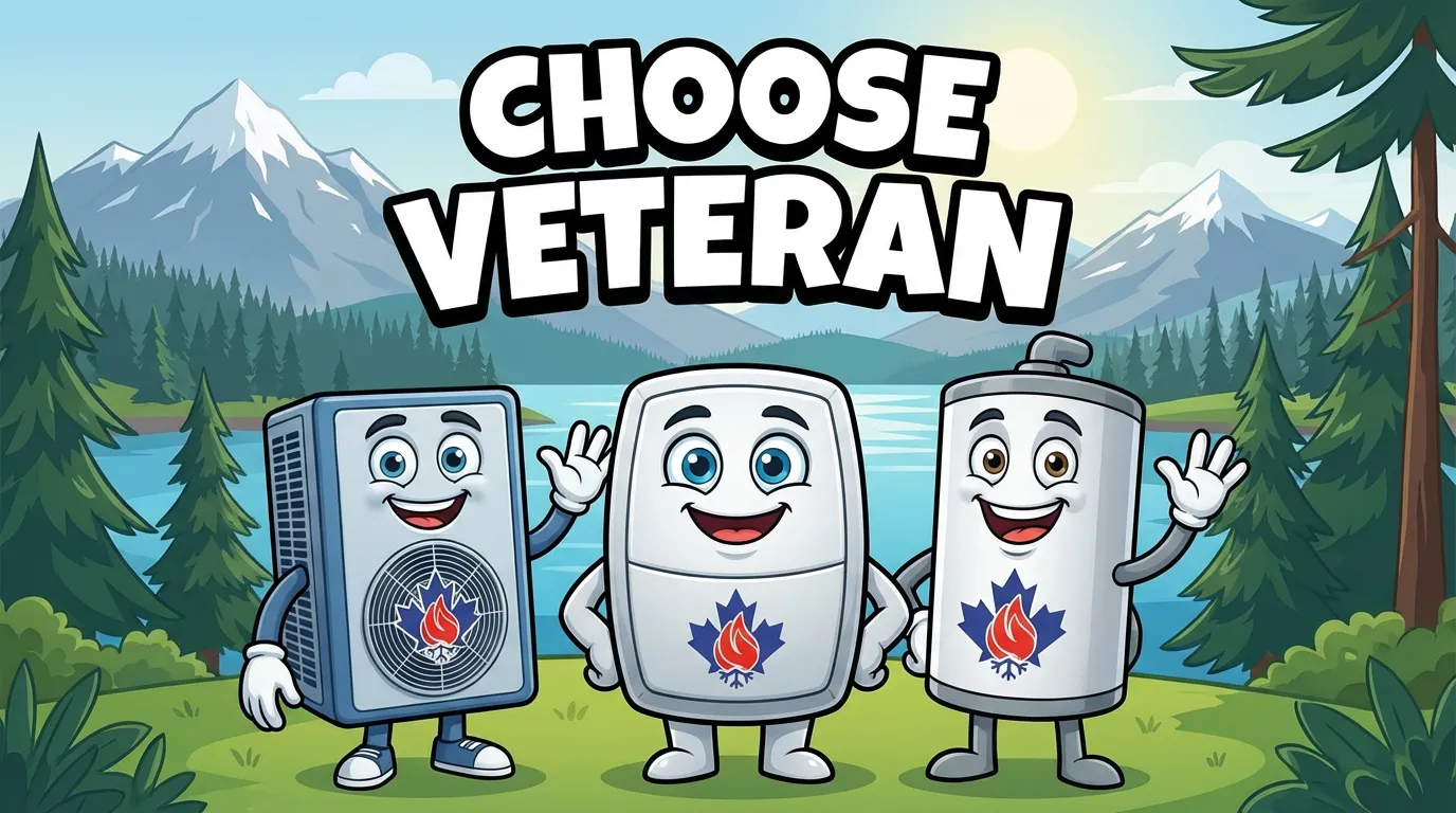Veteran HVAC mascots holding Choose Veteran sign in BC mountains