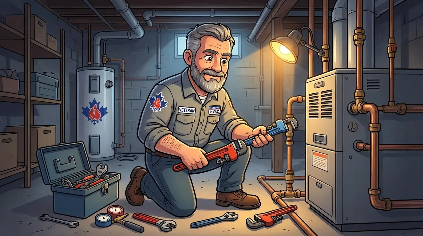 Veteran HVAC technician performing gas fitting work with professional tools