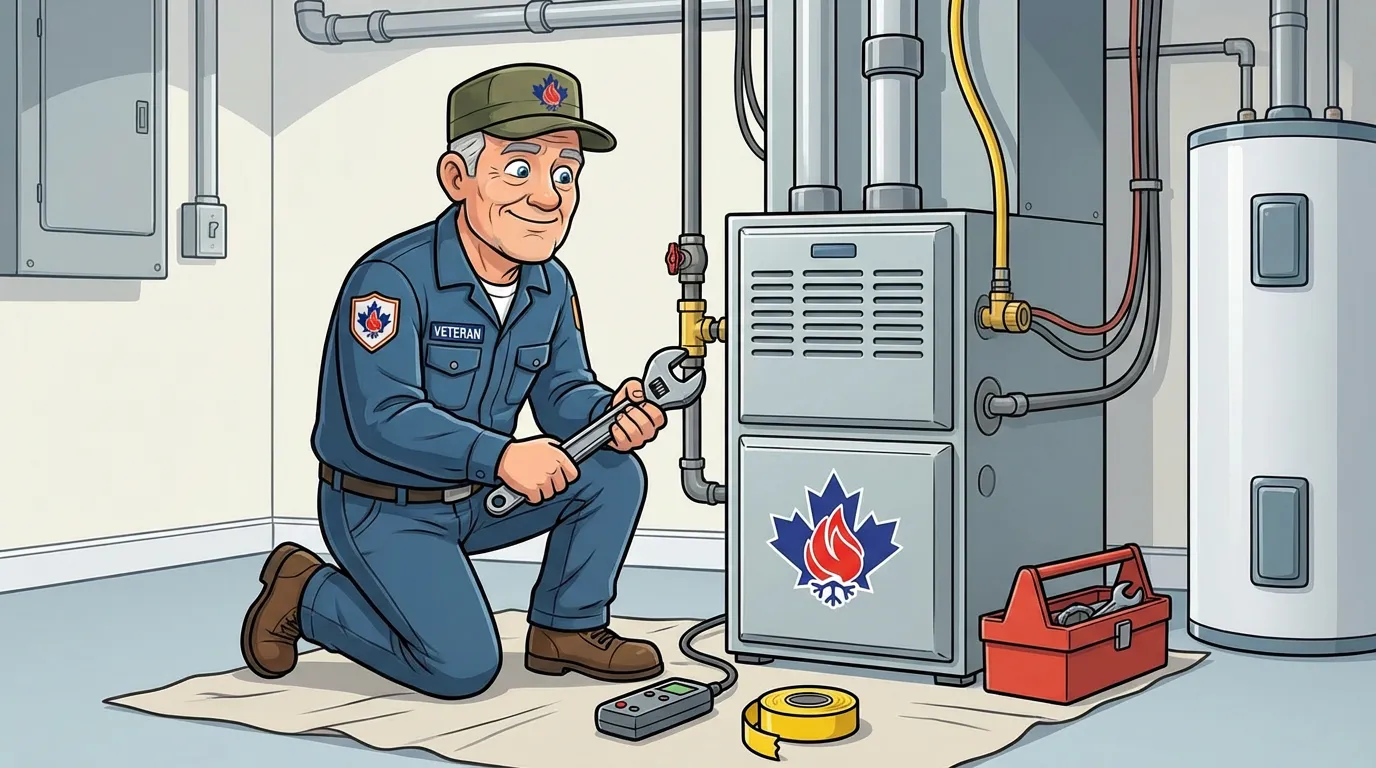 Veteran HVAC licensed gas fitter working on gas line connections in a BC home