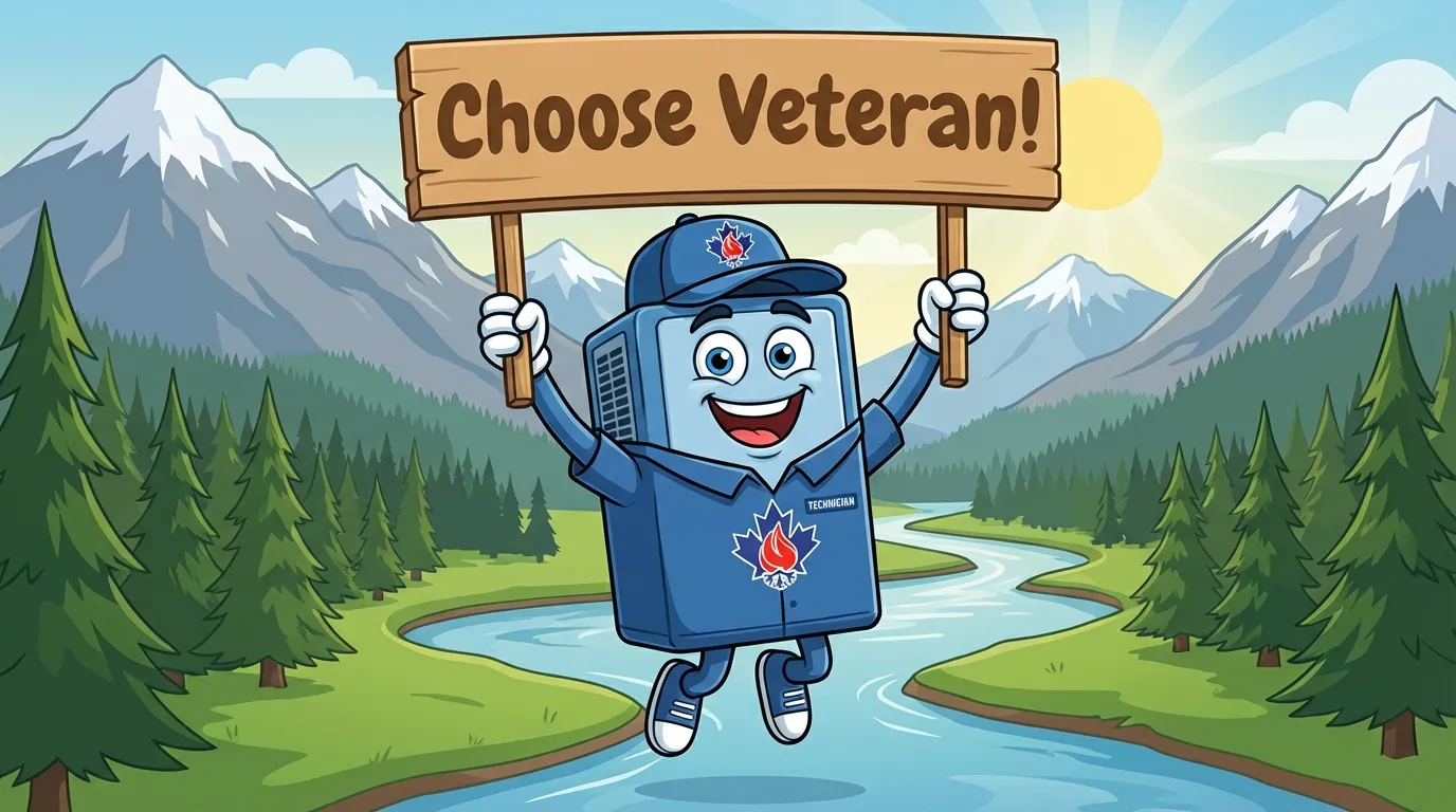 Veteran HVAC mascot holding a Choose Veteran sign with BC mountains and river in the background