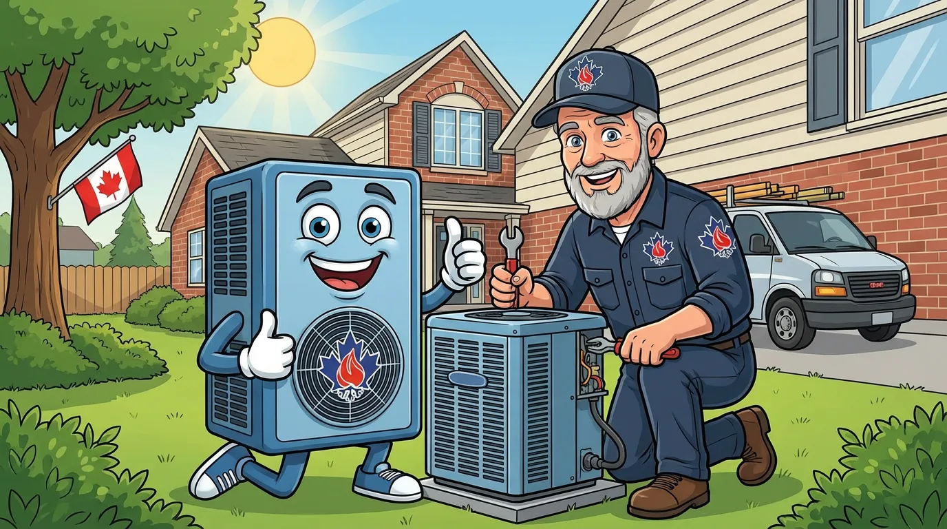 Veteran HVAC technician and mascot installing a heat pump at a Canadian home