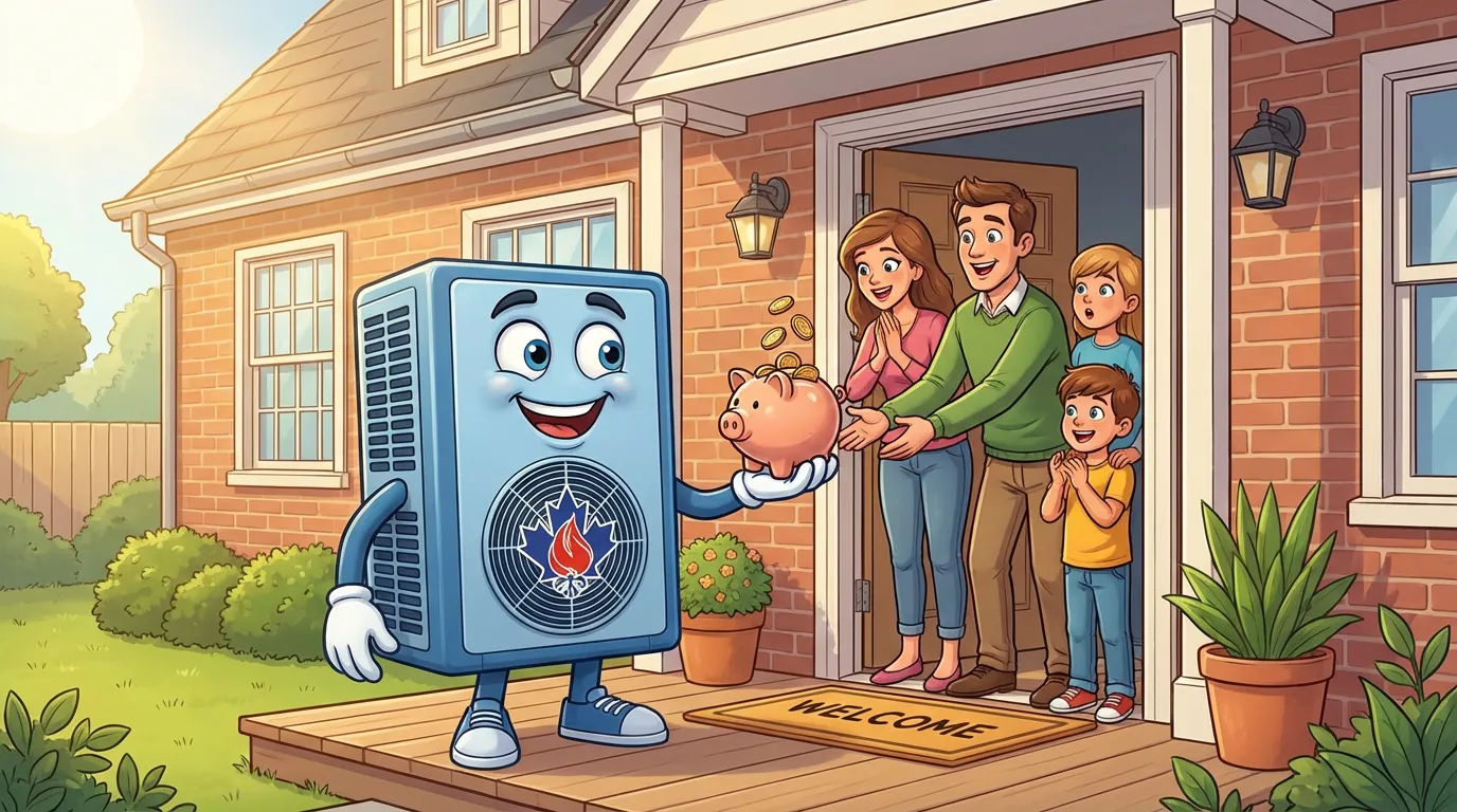 Cartoon illustration of a heat pump mascot delivering savings to a happy family at their home in BC