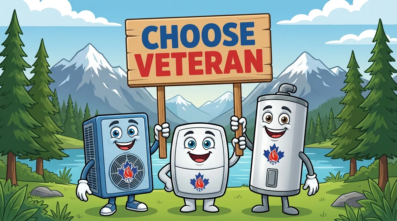 Veteran HVAC mascots holding Choose Veteran sign in BC mountains