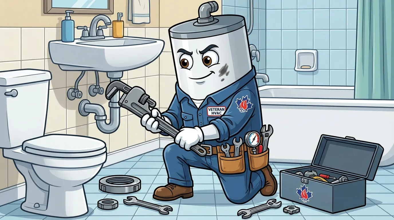 Veteran HVAC technician repairing a hot water tank in a BC home