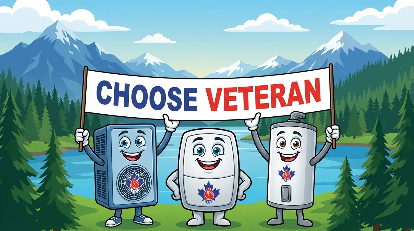 Veteran HVAC mascots holding Choose Veteran sign in BC mountains