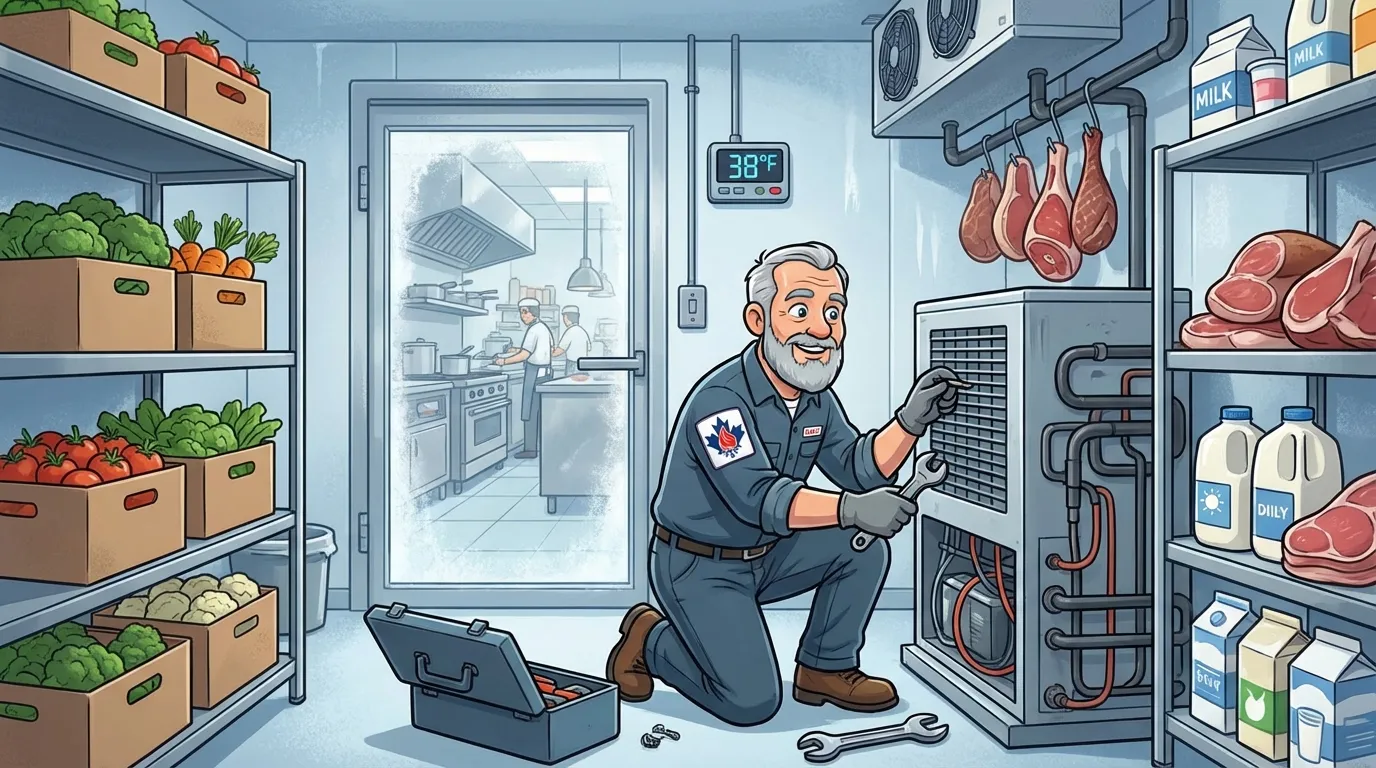 Veteran HVAC technician maintaining a commercial walk-in cooler