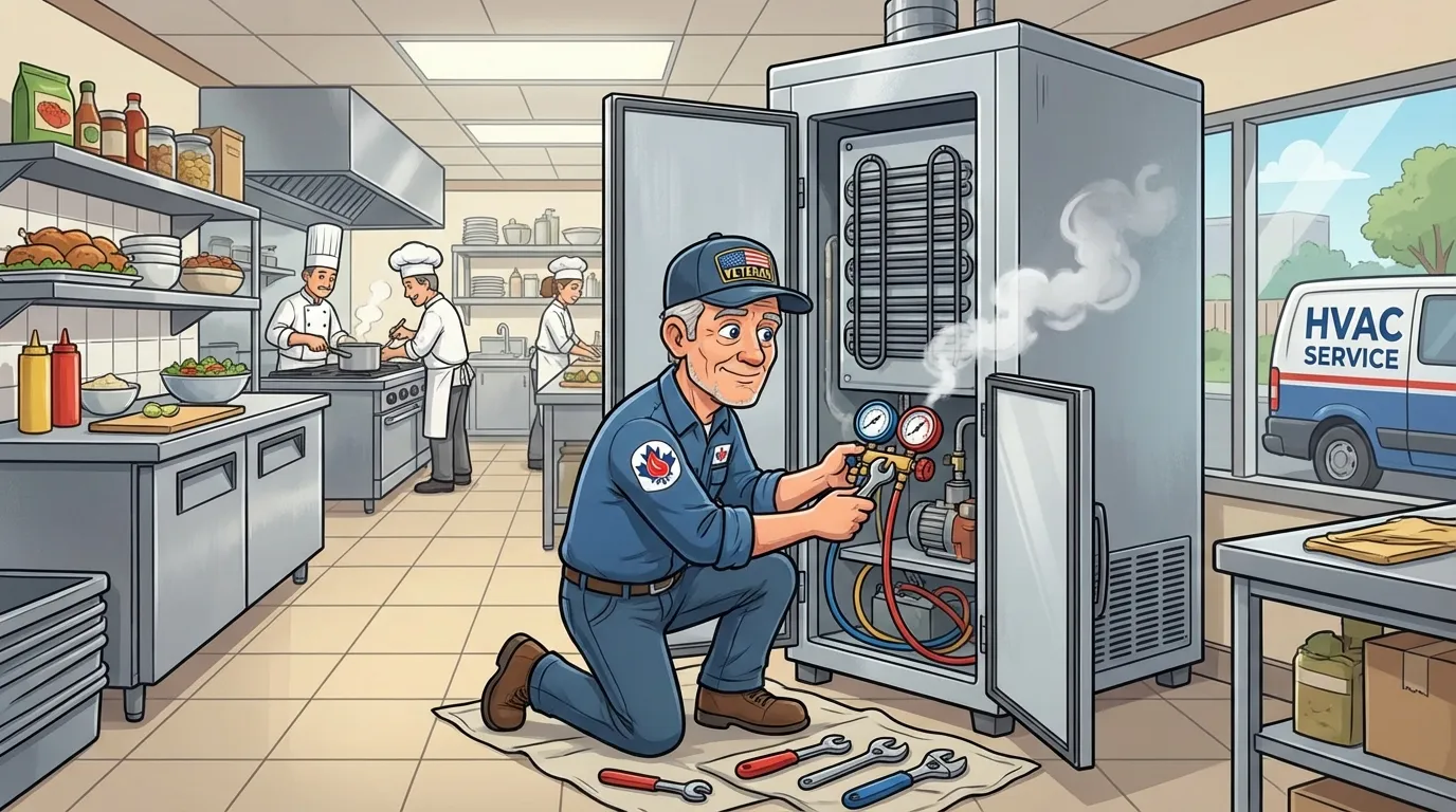 Veteran HVAC technician servicing commercial refrigeration in a restaurant kitchen