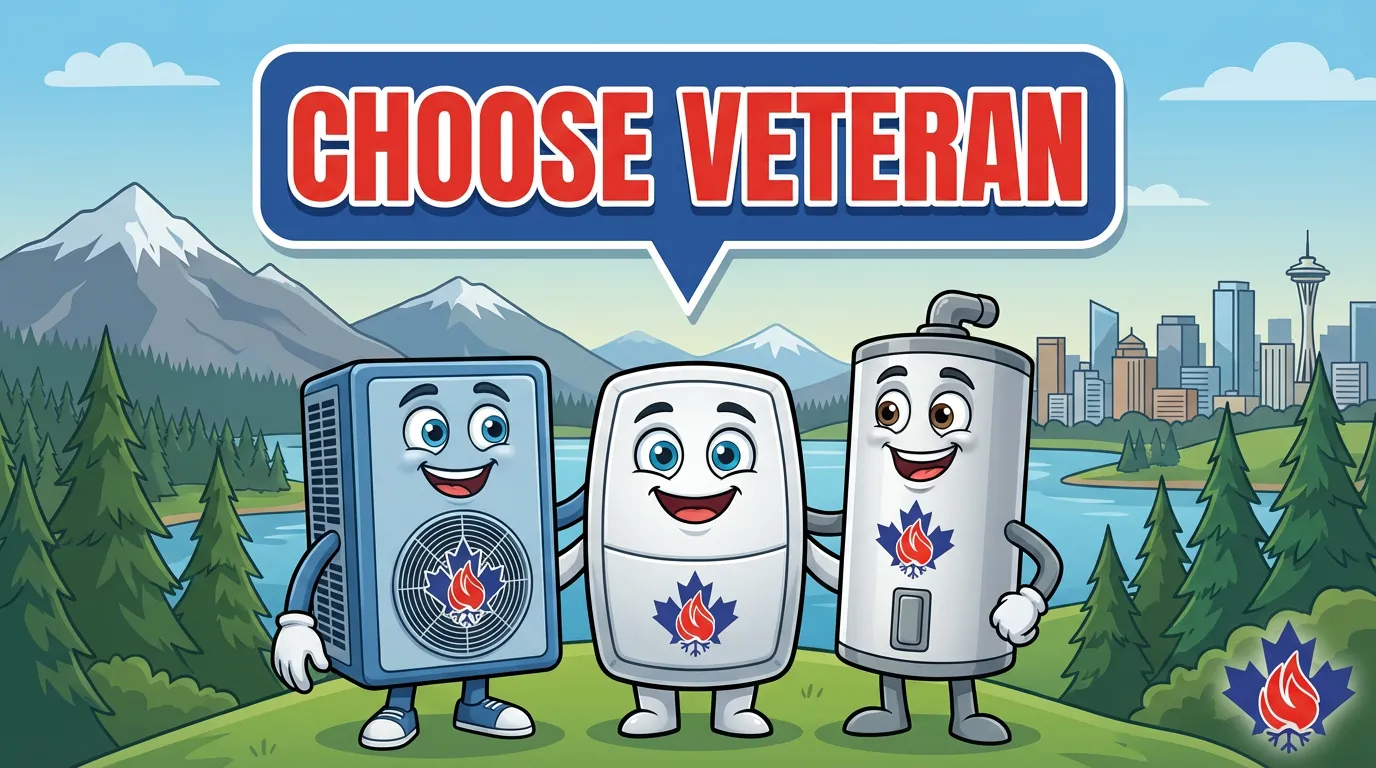 Veteran HVAC mascots holding Choose Veteran sign in BC cityscape