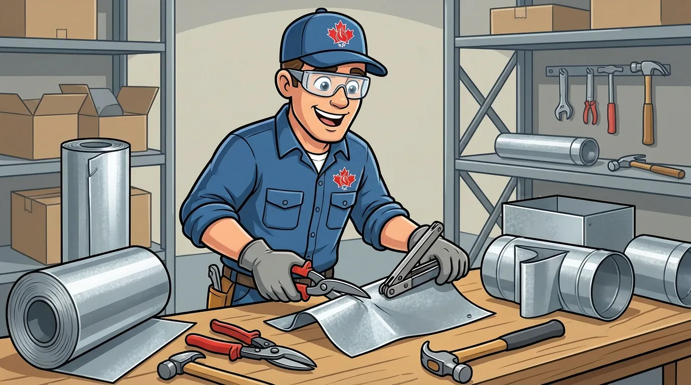 Veteran HVAC technician fabricating custom sheet metal ductwork in the shop