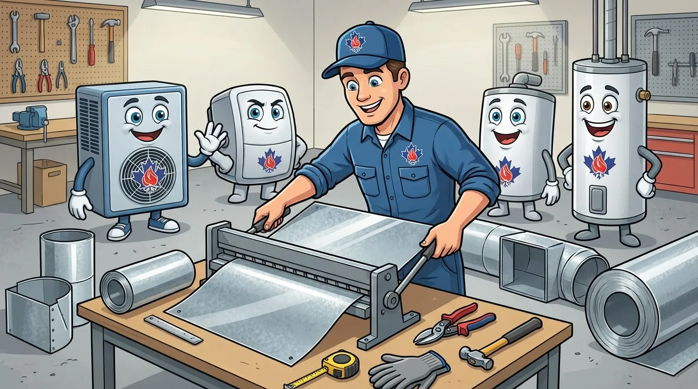 Veteran HVAC team fabricating sheet metal ductwork with HVAC mascots in the workshop