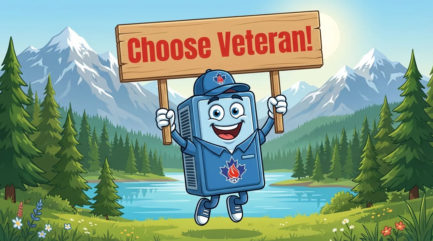 Veteran HVAC mascot holding Choose Veteran sign in BC mountains