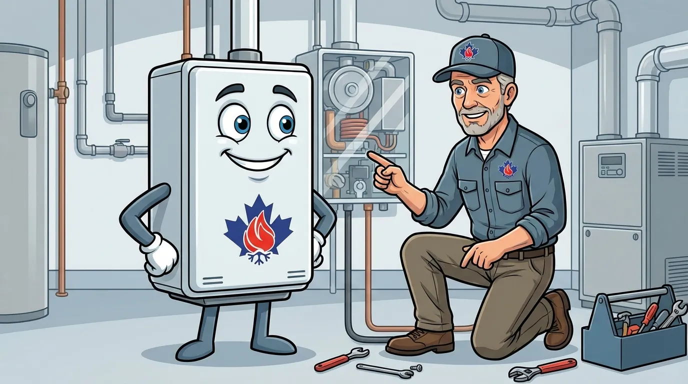 Veteran HVAC technician and tankless water heater mascot explaining how tankless systems work