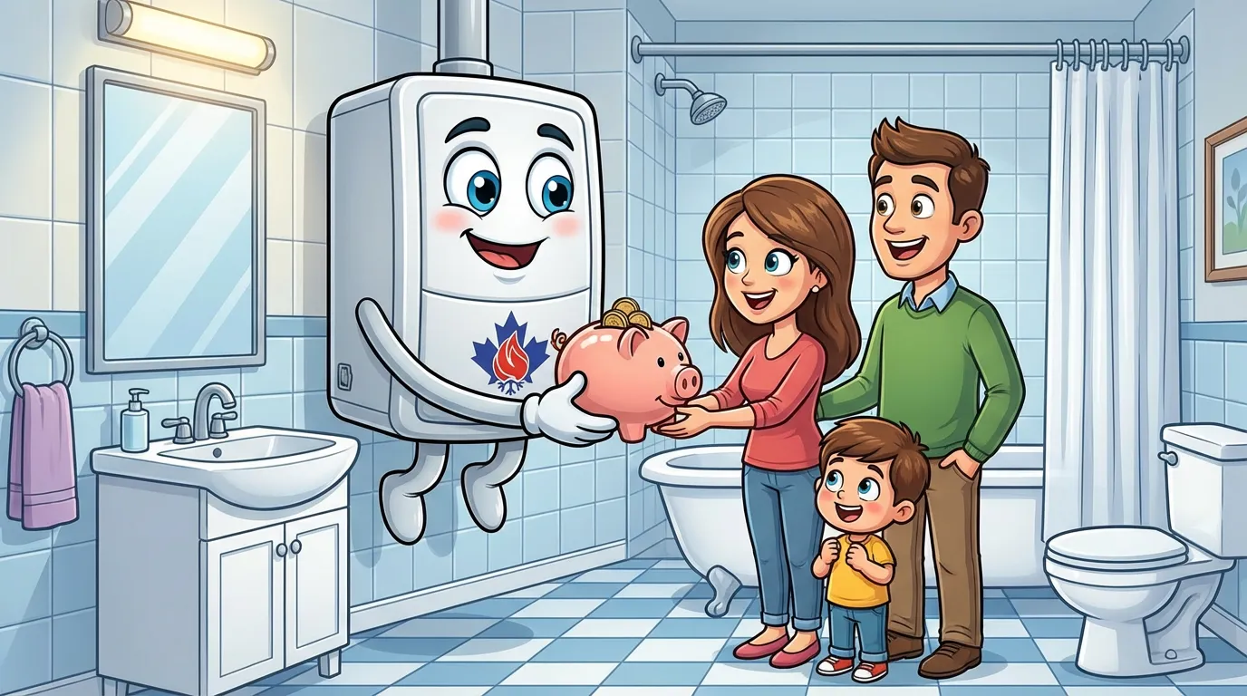 Veteran HVAC tankless water heater mascot offering savings with a piggy bank to a happy family