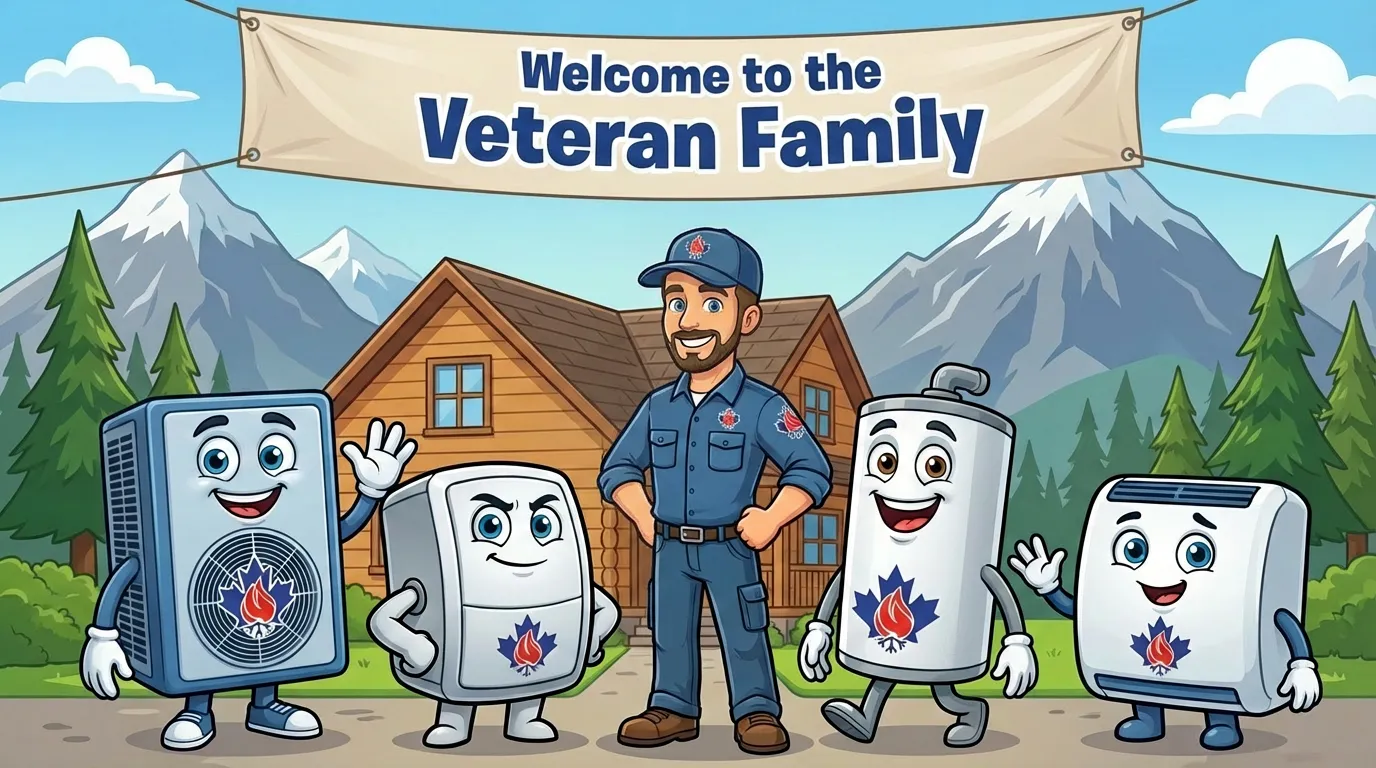 Veteran HVAC team mascots with technician in front of BC mountains